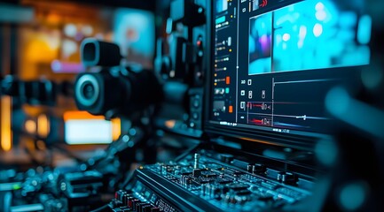 Close-up of a video editing station with a monitor displaying a blurred blue image.