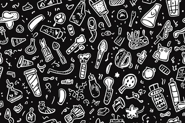 Hand-drawn seamless pattern of various everyday objects on black background.