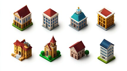 Wall Mural - Eight 3D isometric illustrations of different architectural buildings.