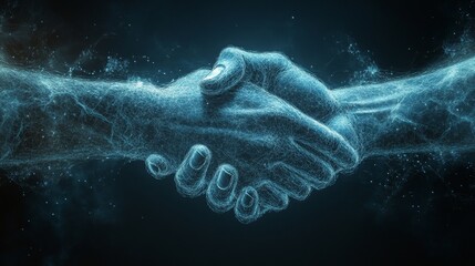 Poster - Two hands made of digital particles unite in a handshake, representing cooperation and connection in a modern, technological context.