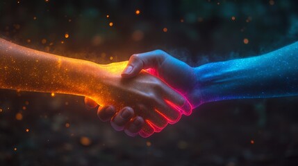 Poster - Two hands meet in a strong handshake, surrounded by glowing colors that symbolize unity and partnership in a creative setting.