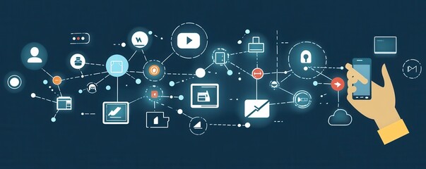 Poster - Digital network connections concept with smartphone and diverse icons for online communication and technology innovation
