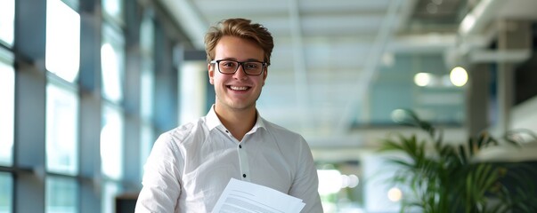 Wall Mural - Office environment with young businessman, glasses on, holding document, smiling.