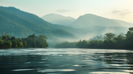 Wall Mural - A tranquil river flowing through a lush green valley with misty mountains in the distance.