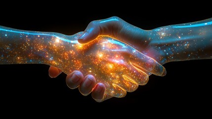 Poster - Hands join together, radiating a vibrant cosmic energy, representing harmony and partnership in the vastness of space.