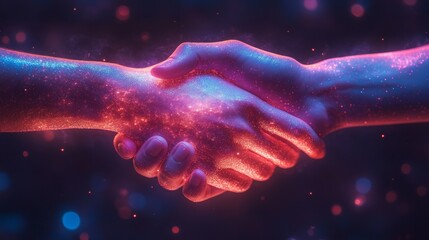 Poster - Two hands are shaking, illuminated by colorful cosmic effects, representing collaboration and connection in an abstract environment.