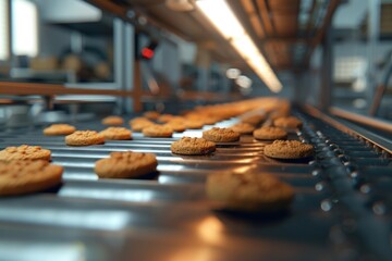 Poster - Conveyor belt loaded with various cookies, ideal for food or baking related content