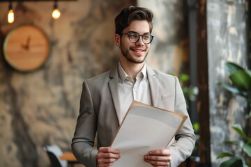 Wall Mural - Office scene with happy young businessman, glasses on, holding paper document, professional look.