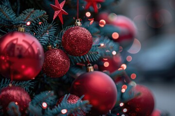 Sticker - A close-up view of a decorated Christmas tree featuring bright red ornaments