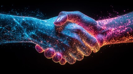 Poster - Two hands clasping in a handshake, surrounded by vibrant digital particles illustrating partnership and mutual agreement.