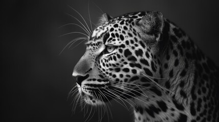 Poster - A close-up image of a black leopard's face in grayscale