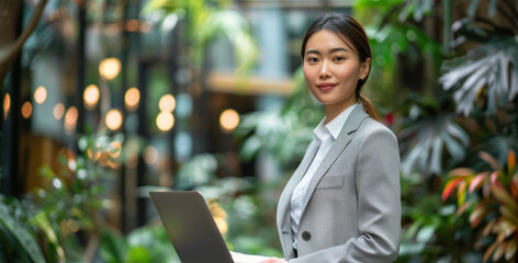 Asian businesswoman in a grey suit standing confidently with a laptop in a lush green indoor garden.