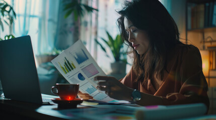 Poster - A professional woman analyzing charts at home, with a laptop and a coffee cup, in a home office.