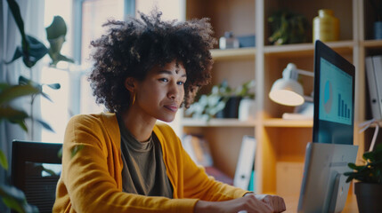 Poster - A woman in a meeting holding a tablet and analyzing data charts, with a professional demeanor.