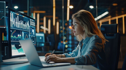 Aufkleber - A focused woman analyzing data on multiple screens in modern office.