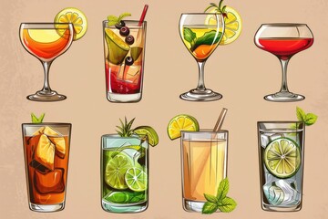 Poster - A selection of colorful cocktails on a table with glasses and garnishes