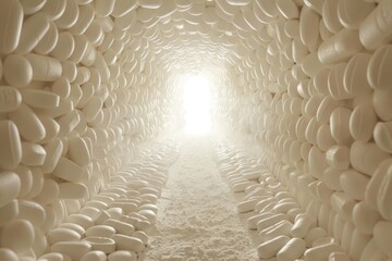 Poster - A tunnel made of white rocks with a light at the end, suitable for use in sci-fi or adventure scenes
