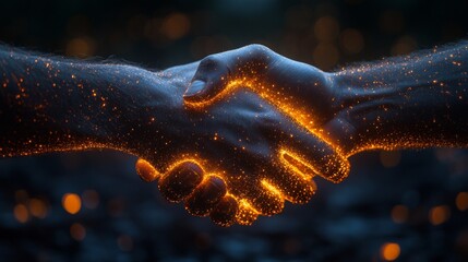 Poster - Two hands engage in a handshake, glowing with luminous particles in a dim environment, representing unity and collaboration.