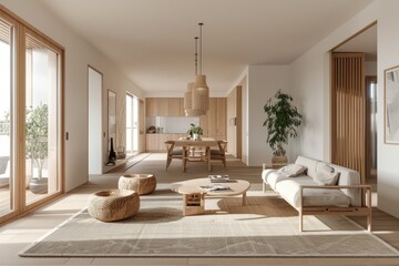 Poster - A warm and inviting living room with comfortable furniture and a large window, perfect for everyday use or as a setting for storytelling