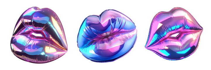 Poster - Inflatable holographic chrome metal lips isolated. 80s 90s Iridescent neon beauty, cosmetics, makeup icons.