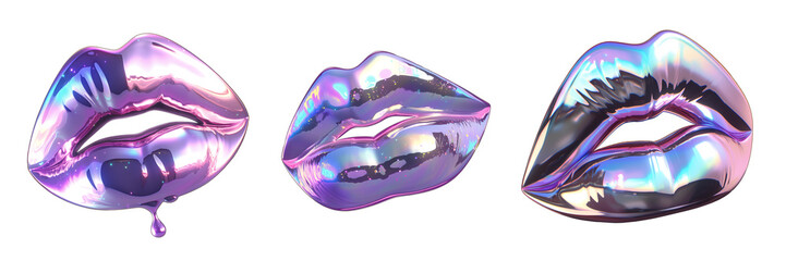 Poster - Holographic chrome metal lips isolated. 80s 90s Iridescent neon beauty, cosmetics, makeup icons.