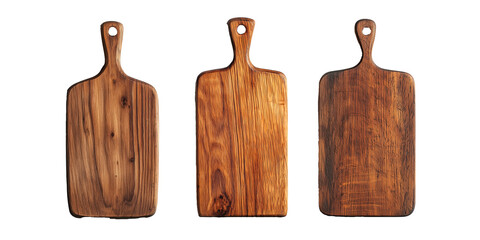 Three empty wooden cutting boards with handles, on PNG cutout transparent background.