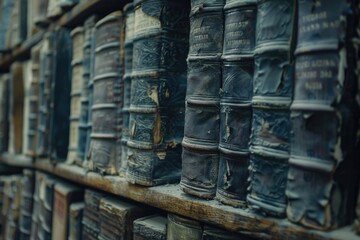 Poster - Shelves stacked with vintage books in a quiet library setting, perfect for academic or historical projects