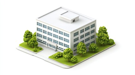 Wall Mural - Isometric view of a white building with a flat roof and a grassy area around it.