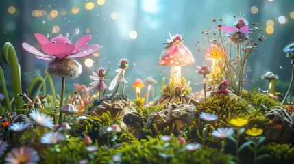 A magical forest scene with glowing mushrooms, fireflies, and fairies, creating a whimsical and enchanted atmosphere.