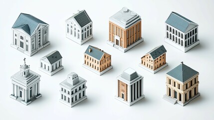 Wall Mural - Miniature paper model buildings in various styles and colors, on a white background.