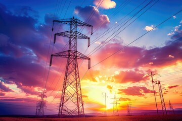Poster - Power lines against a beautiful sunset backdrop
