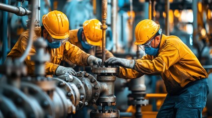 Poster - A group of gas workers in protective safety gear operating industrial equipment in a gas plant setting
