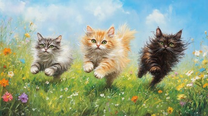 Three kittens running in a field of grass