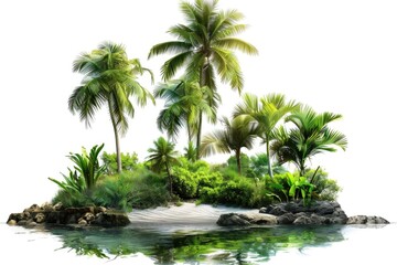 Poster - A scenic view of a tropical island with palm trees and rocky shoreline