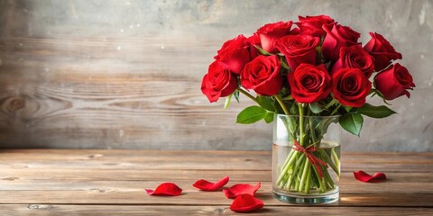 Bouquet of red roses in a glass vase for Valentine's Day celebration, roses, flowers, bouquet, red, romantic