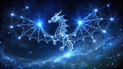 Draco constellation stars forming a dragon with wings soaring towards the sun in a summer night sky, Draco, constellation, stars