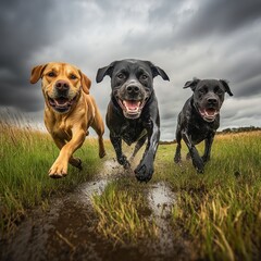 Wall Mural - Three dogs are running in a field, with one of them being a black dog