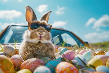 Aufkleber - A rabbit sits among Easter eggs, wearing trendy sunglasses