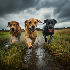 Wall Mural - Three dogs are running in a field, with one of them being a black dog