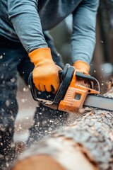 Person cutting wood with a chainsaw in a forest during the daytime