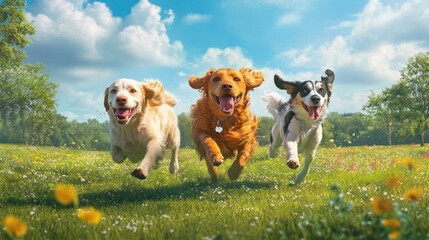 Wall Mural - Three dogs are running in a field, with one of them wearing a collar