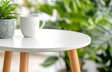 Canvas Print - Small white table with a potted plant surrounded by lush green indoor foliage