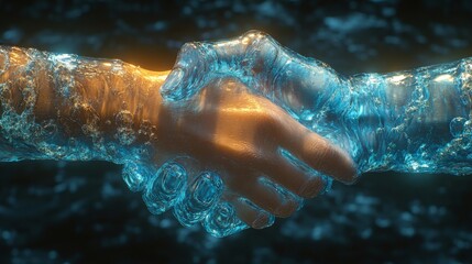 Poster - Two hands made of water meet in a handshake, representing connection and partnership in a vibrant, ethereal setting.