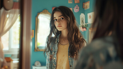 Young teenage girl looking in the mirror in her room.