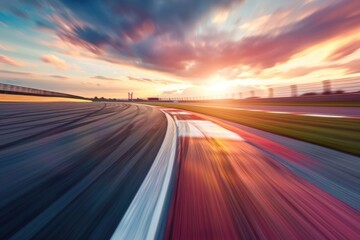 Poster - A blurred image of a sunset over a race track with cars and people in the distance