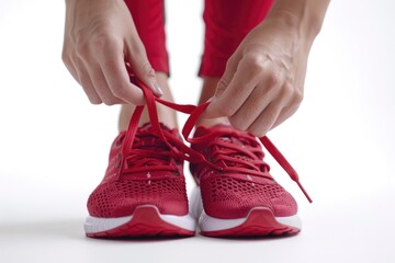 Aufkleber - Close-up shot of someone tying a pair of bright red shoes, possibly preparing for a special occasion or getting ready for an event