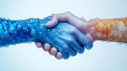 Poster - Hands in blue and orange bubbles shake hands, symbolizing unity and collaboration in a creative visual expression.