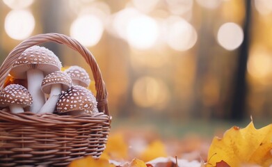 Poster - Autumn basket with mushrooms and pumpkin among colorful fallen leaves in a forest