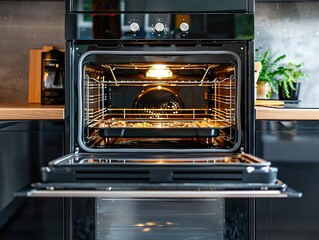 Modern Kitchen Oven with Open Door and Food Inside