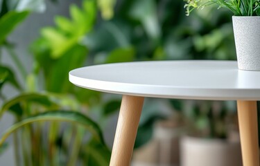 Canvas Print - Small white table with a potted plant surrounded by lush green indoor foliage